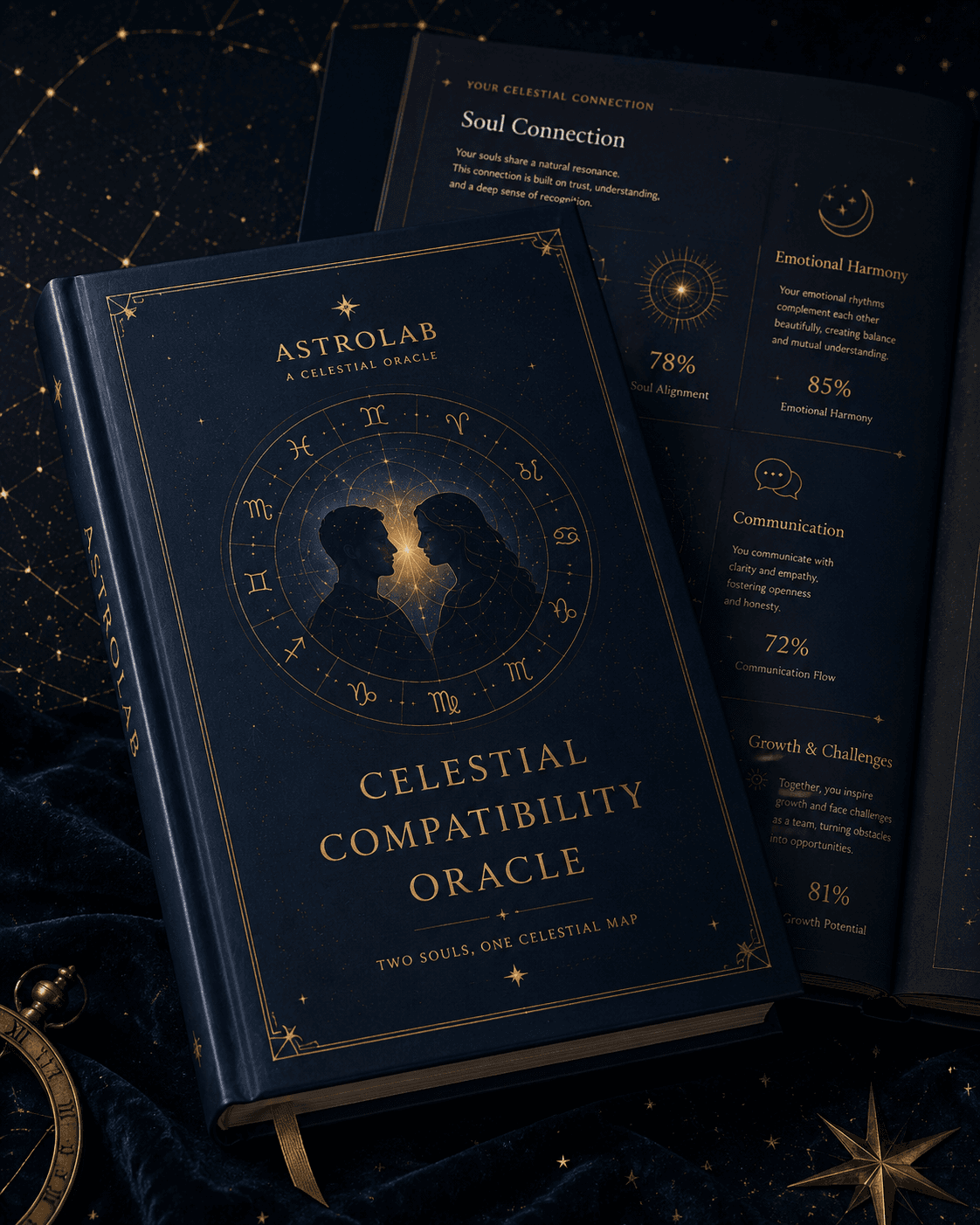 Celestial Compatibility Oracle book shown with an open interior spread of the personalized report